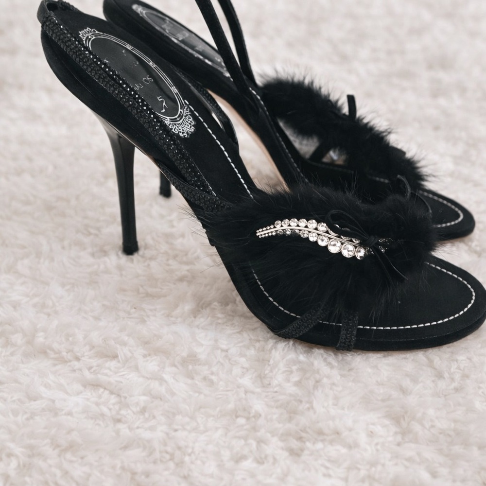 Rene Caovilla Black Heels with Feather and Swarovski trim